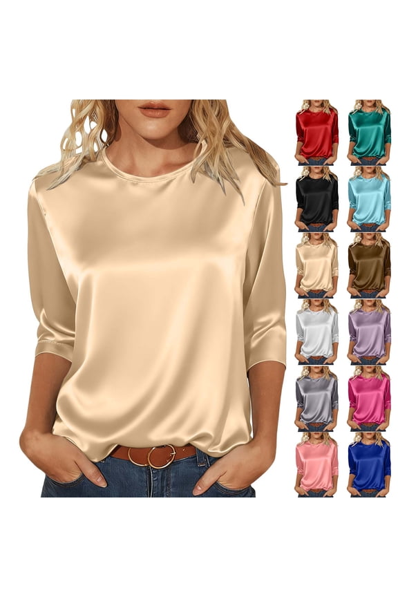 Women's 3/4 Length Sleeve Satin Shirts Crew Neck Silk Tops Casual Loose Fit Solid Shirt Business Dressy Casual Blouses
