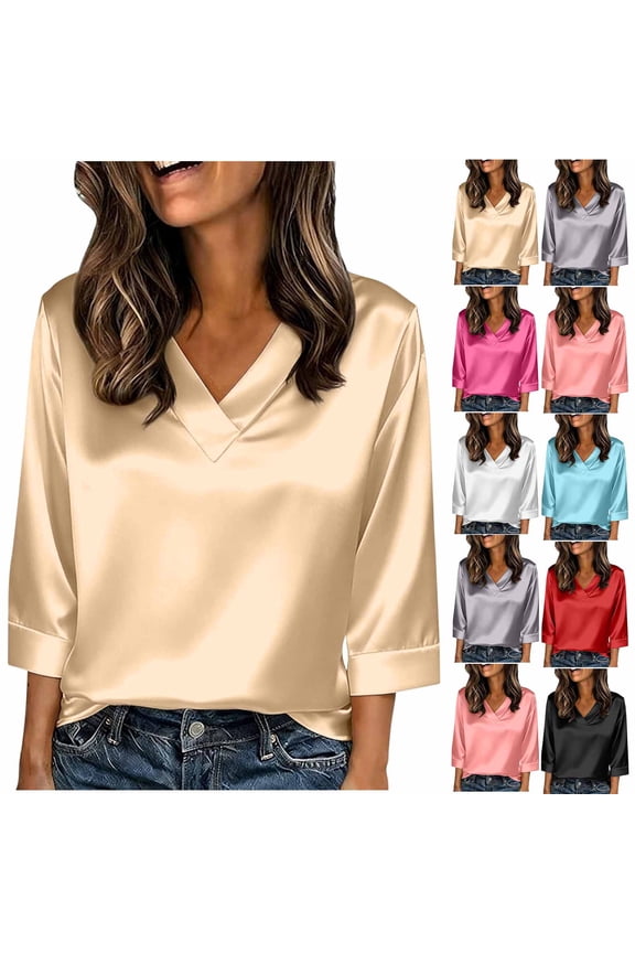Women's 3/4 Sleeve Tops Satin Silk Shirts Business Casual Loose Work Blouse Trendy Tunic Tops Ladies Solid Shirt