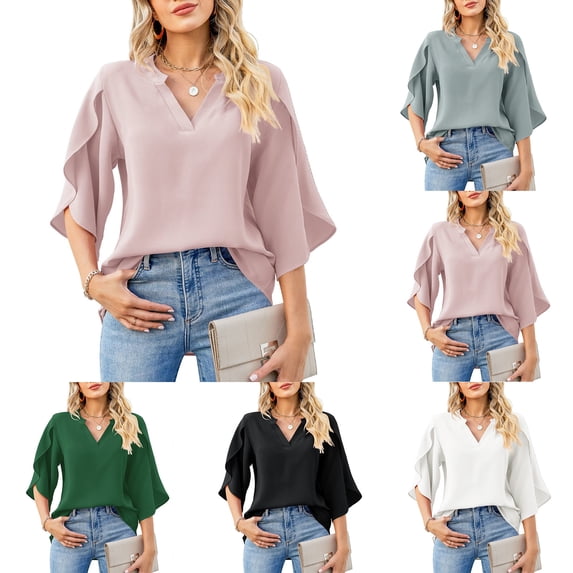 Eiyaclvo Women's Chiffon Blouses 3/4 Ruffled Sleeve V Neck Tops Loose Fit Solid Shirts Dressy Casual Tunic Top Work Office Blouse