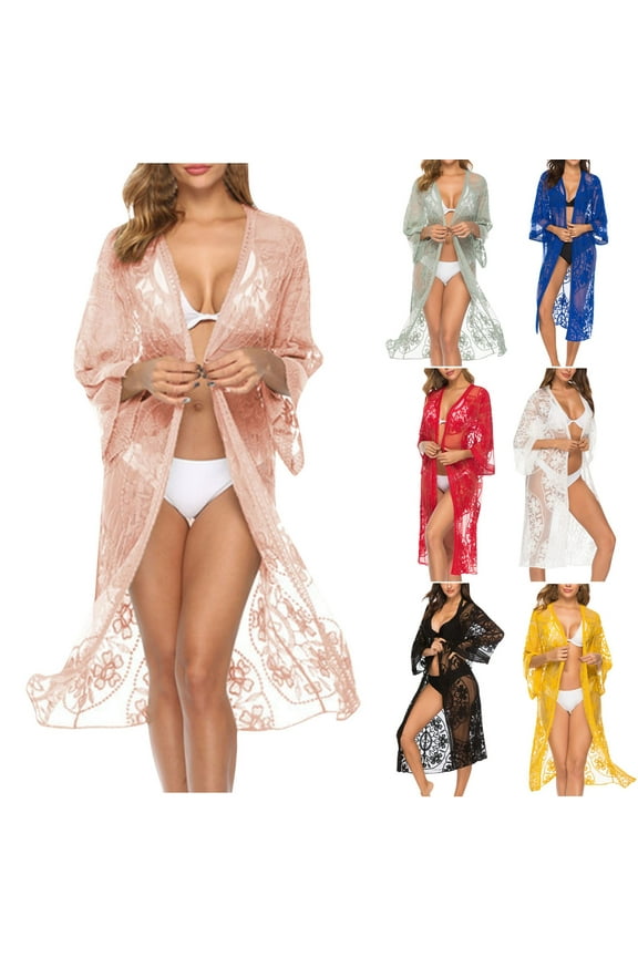 Women's Long Swimsuit Coverup Summe Beach Kimono Cover Up Floral Lace Open Front Bikini Sheer Beach Cover Ups Long Kimono Cardigans