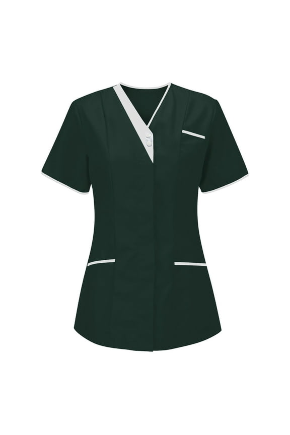 Women's Nursing Scrub Tops Lightweight Housekeeping Uniforms Short Sleeve Henley Neck Scrub Cleaning Button Down Uniform Nurse T Shirt