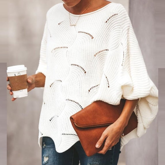 Eiyaclvo Women's Oversized Sweaters Batwing Long Sleeve Crew Neck Hollow Out Knit Sweater Fall Winter Loose Fit Dressy Sweater