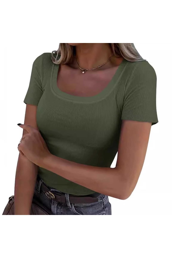 Women's Short Sleeve T-Shirts Scoop Neck Ribbed Fitted Summer Tops Soft Stretchy Knit Shirts Slim Basic Tees