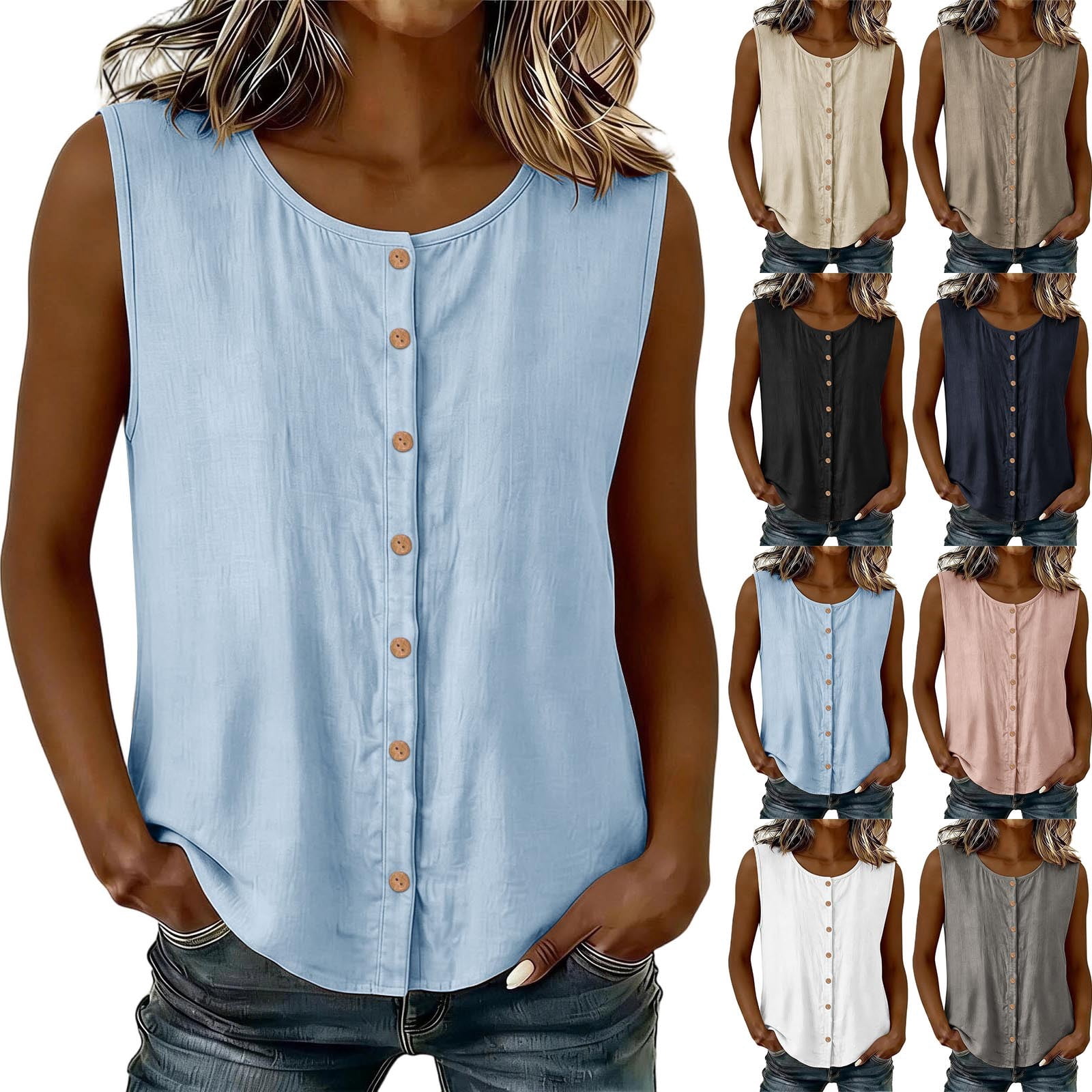 Eiyaclvo Women's Sleeveless Button Down Shirts Summer Crewneck Casual ...