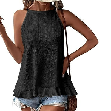 Eiyaclvo Women's Tank Tops Eyelet Embroidery Sleeveless Tops Solid Color Halter Tops Crew Neck Loose Casual Summer Tops Trendy Ruffle Trim Tank Tops