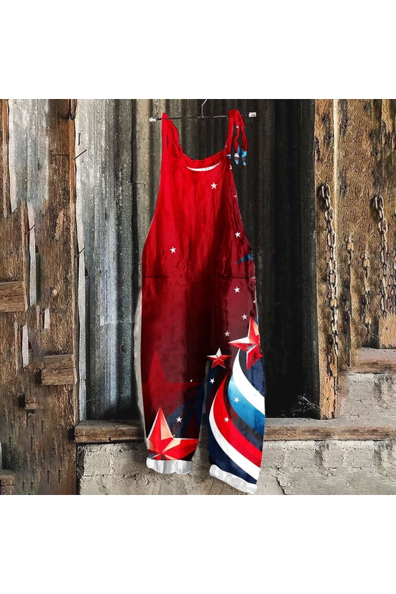 Womens 4th of July Overalls Patriotic American Flag Print Sleeveless Loose Harem Rompers Linen Adjustable Strap One Piece Jumpsuits with Pockets