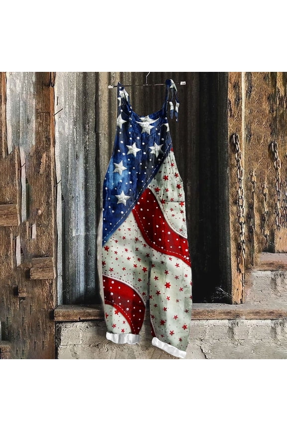 Womens 4th of July Overalls Patriotic American Flag Print Sleeveless Loose Harem Rompers Linen Adjustable Strap One Piece Jumpsuits with Pockets