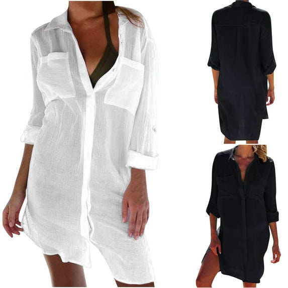 Eiyaclvo Womens Beach Cover Up Women Swimsuit Coverup Long Sleeve Collar Button Down Shirt Bathing Suit Cover Up Beachwear with Pockets