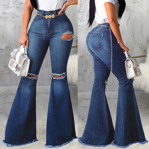 Eiyaclvo Womens Bell Bottom Jeans High Waisted Ripped Hole Stretchy Denim Pants Classic Flare Trousers with Pockets