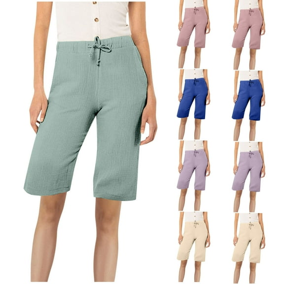 Eiyaclvo Womens Bermuda Shorts Drawstring Elastic High Waisted Knee Length Shorts Loose Lightweight Vacation Beach Shorts with Pockets