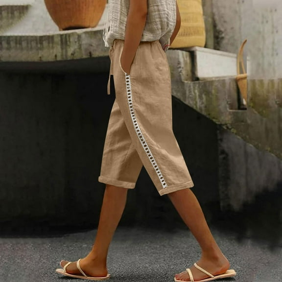 Eiyaclvo Womens Bermuda Shorts Drawstring Waisted Casual Shorts Loose Summer Beach Knee Length Shorts Lightweight Cotton Linen Shorts with Pockets