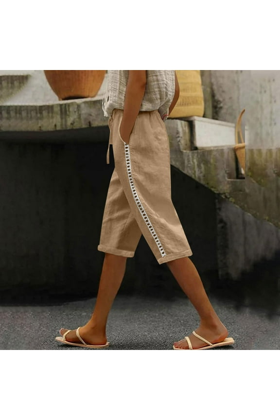 Womens Bermuda Shorts Drawstring Waisted Casual Shorts Loose Summer Beach Knee Length Shorts Lightweight Cotton Linen Shorts with Pockets