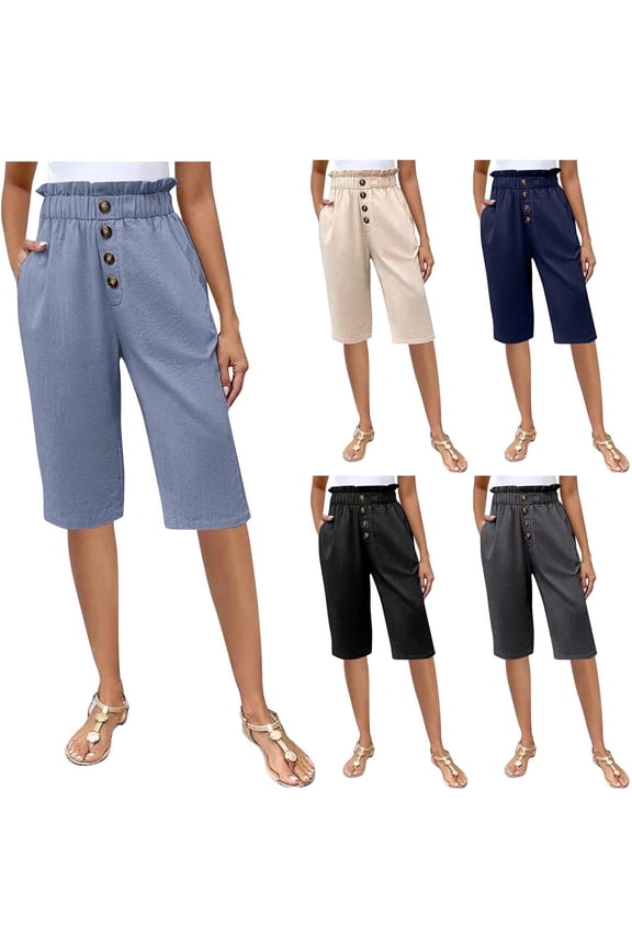 Womens Bermuda Shorts Elastic High Waisted Casual Shorts Loose Lightweight Summer Knee Length Shorts with Pockets