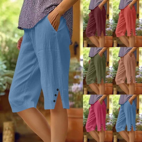 Eiyaclvo Womens Bermuda Shorts Elastic Waisted Knee Length Shorts Loose Lightweight Cotton Linen Shorts Lounge Summer Beach Shorts with Pockets