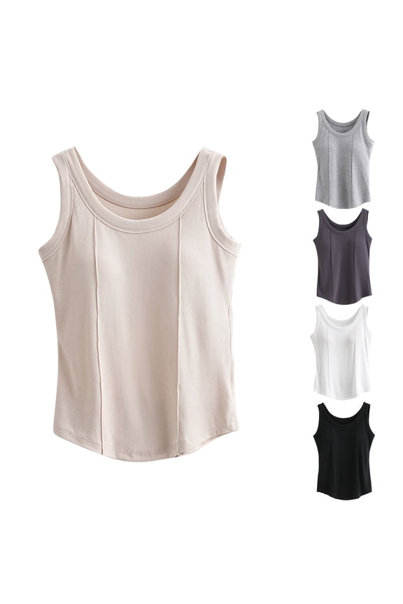 Womens Built in Bra Tank Tops Summer Casual Sleeveless Cami Shirts Cotton Crew Neck Basic Tops Loose Fit Going Out Shirt