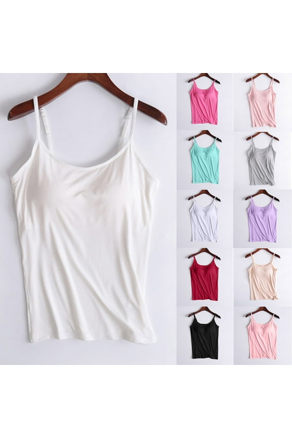 Womens Camisole Tank Tops with Built in Bra Spaghetti Strap Scoop Neck Cami Top Soft Summer Basic Workout Tank Top