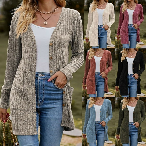 Eiyaclvo Womens Cardigan Sweaters Open Front Long Sleeve Button Down Ribbed Knit Cardigan Fall Soft Loose Fit Sweater Cardigans with Pockets