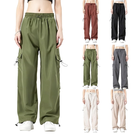 Eiyaclvo Womens Cargo Pants Waterproof Quick Dry Outdoor Pants Drawstring Elastic Waist Wide Leg Trousers with Pockets Black XL