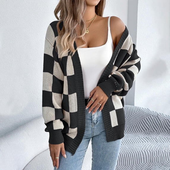 Eiyaclvo Womens Checkered Cardigan Sweater Open Front Long Sleeve Knit Cardigan Fall Soft Cozy Sweater Cardigans