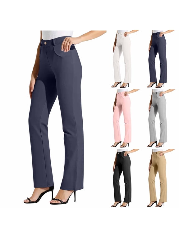 Womens Dress Pants High Waisted Business Trousers Stretchy Lightweight Pull On Office Slacks with Pockets Navy XL