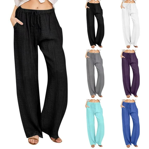 Eiyaclvo Womens Eyelet Pants Drawstring Elastic Waisted Palazzo Pants Loose Wide Leg Pants Casual Summer Beach Pant with Pockets