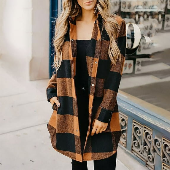 Eiyaclvo Womens Flannel Shirts with Pockets Retro Long Sleeve Plaid Shackets Button Down Tops Lapel Jacket Coats Long Fall Cardigans