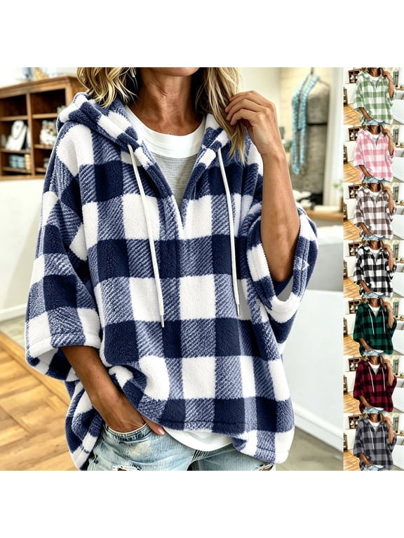Womens Fuzzy Fleece Plaid Hoodie Oversized 3/4 Sleeve V Neck Drawstring Hooded Sweatshirt Fall Winter Loose Flannel Hoodies