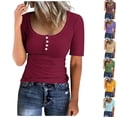 thumbnail image 1 of Eiyaclvo Womens Henley Shirts Short Sleeve Ribbed Knit Tops Summer Scoop Neck Button Blouse Slim Fit Basic Tees Casual Workout Top, 1 of 5
