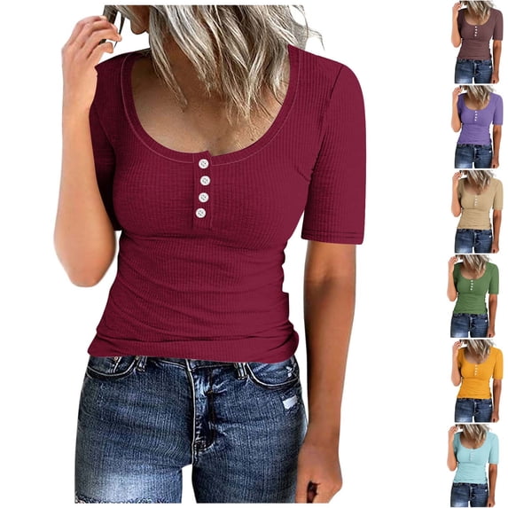 Eiyaclvo Womens Henley Shirts Short Sleeve Ribbed Knit Tops Summer Scoop Neck Button Blouse Slim Fit Basic Tees Casual Workout Top