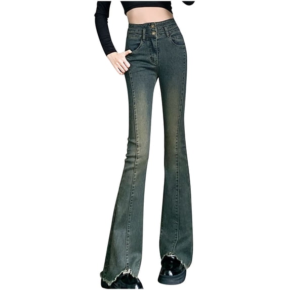 Eiyaclvo Womens High Waisted Flare Jeans Vintage Distressed Bootcut Jeans Bell Bottom Denim Pant Casual Streetwear Trousers