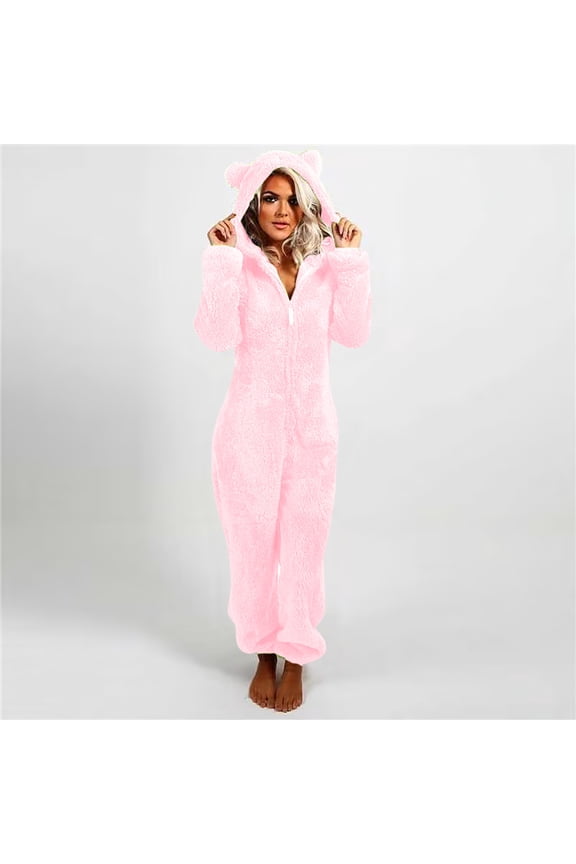 Womens Plus Size Sherpa Jumpsuit Zip-Up Hooded Romper Sleepwear Solid Long Sleeve Plush Jumpsuit Fuzzy Fleece One Piece Pajamas