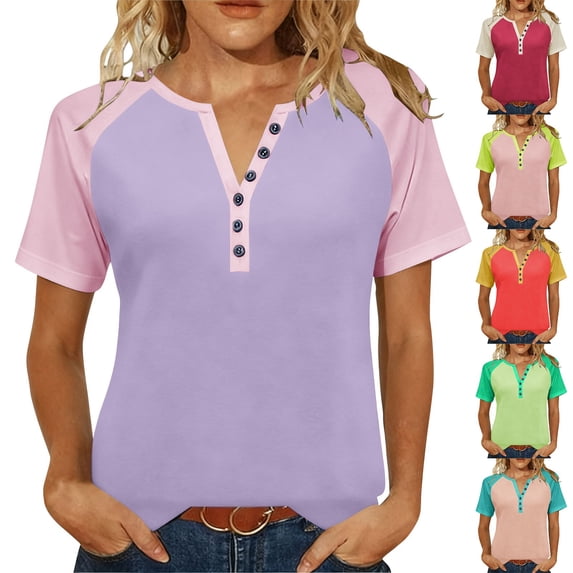 Eiyaclvo Womens Raglan T Shirts Short Sleeve Top Color Block Henley Shirts Loose Fit V Neck Button T-Shirts Casual Dressy Blouse