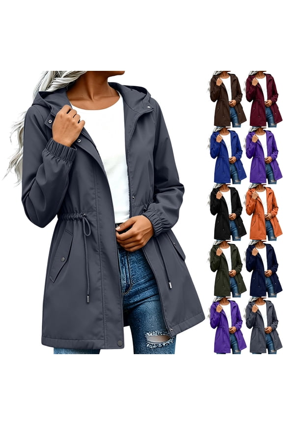 Womens Rain Jacket with Hood Waterproof Utility Outdoor Hiking Windbreaker Fall Casual Full Zip Anorak Jacket Lightweight Trench Coat Navy S