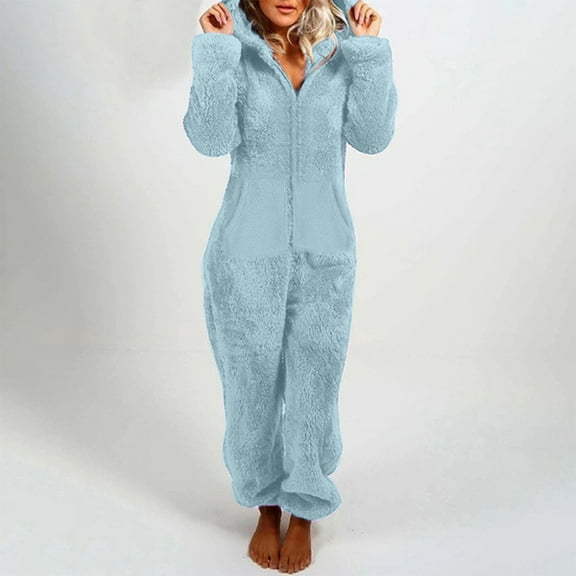Eiyaclvo Womens Sherpa Jumpsuit Zipper Long Sleeve Warm Romper Sleepwear Solid Plush One Piece Loungewear Fuzzy Fleece Warm Onesie Pajamas