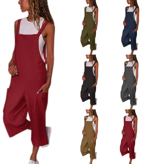 Eiyaclvo Womens Summer Linen Capri Jumpsuits Sleeveless Loose Fit Casual Bib Rompers Overalls with Pockets