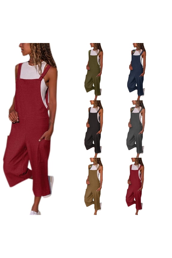 Womens Summer Linen Capri Jumpsuits Sleeveless Loose Fit Casual Bib Rompers Overalls with Pockets