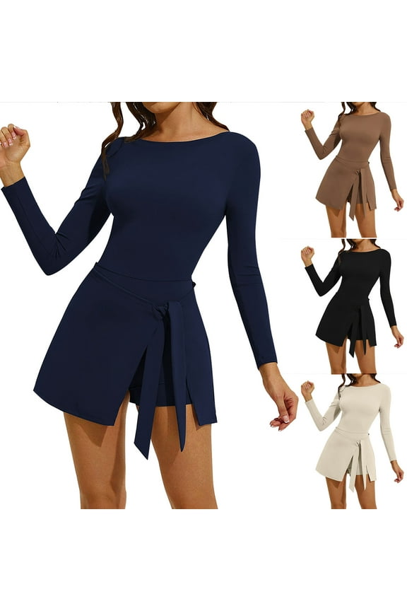 Womens Tennis Dress Long Sleeve Boat Neck Wrap Skirt Built in Shorts Golf Athletic Dress Workout Slim Fit Bodycon Tennis Dresses
