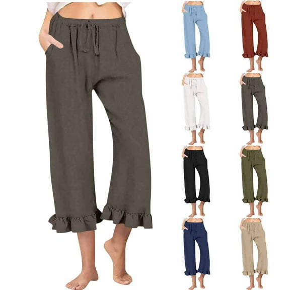 Eiyaclvo Womens Wide Leg Pants Ruffle Drawstring Elastic Waisted Beach Pants Loose Fit Comfy Palazzo Pant Trendy Summer Lounge Trousers with Pockets