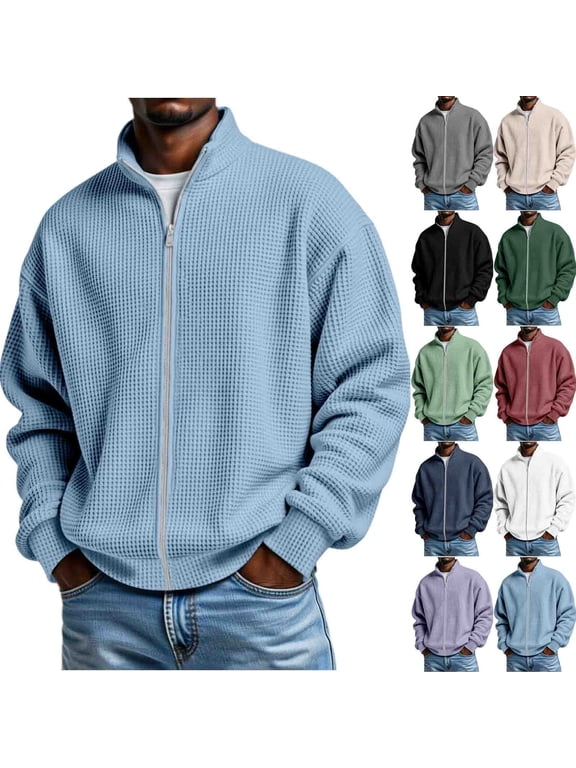Zip Up Sweatshirt for Men No Hood Waffle Knit Jacket Full Zip Stand Collar Long Sleeve Fall Sweatshirt Jackets XL