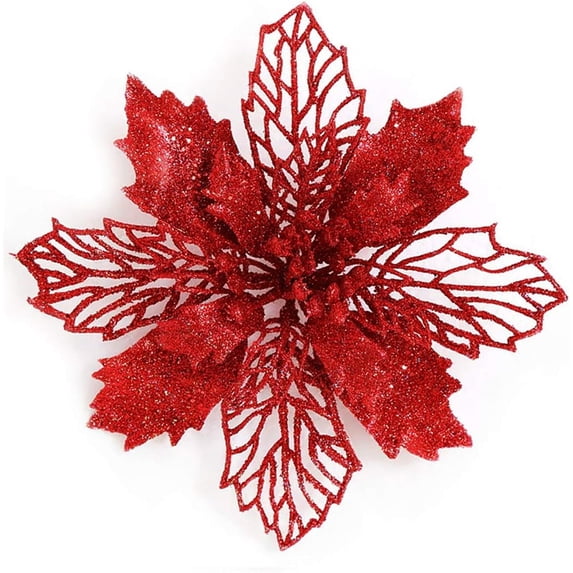 Ejiaya 12 Pieces 4" Glitter Christmas Flowers Red Poinsettia Artificial Flower Christmas Tree Flowers Wreath Tree Ornaments