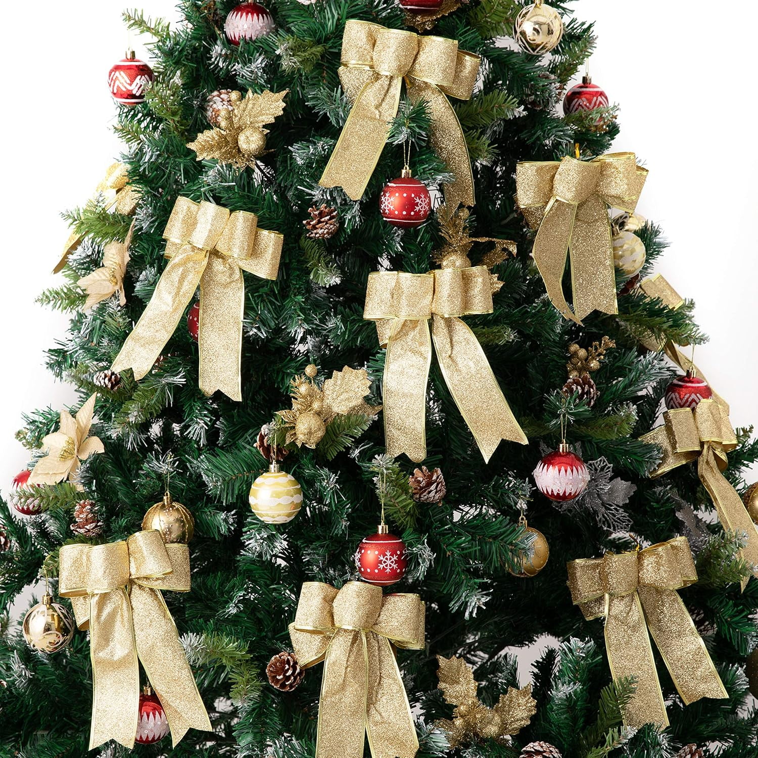 Gold Glitter Hanging Christmas Bows Set of 12