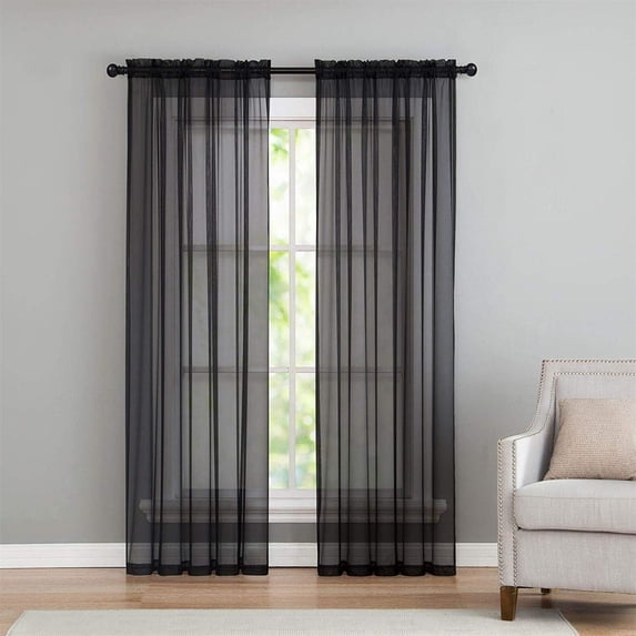 Ejiaya 2 Panels Solid Color Sheer Window Curtains Elegant Window Voile Panels/Drapes/Treatment for Bedroom Living Room (39.4x78.7 Inches, Black)