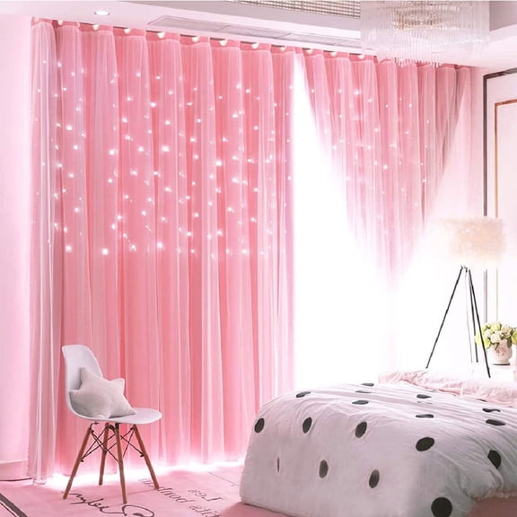 Ejiaya 2 Panels Stars Blackout and Sheer Curtains for Bedroom Girls Kids Baby Room, Double Layer Star Cut Out Living Room Window Curtain, W39 x L79 Inch Length, Pink