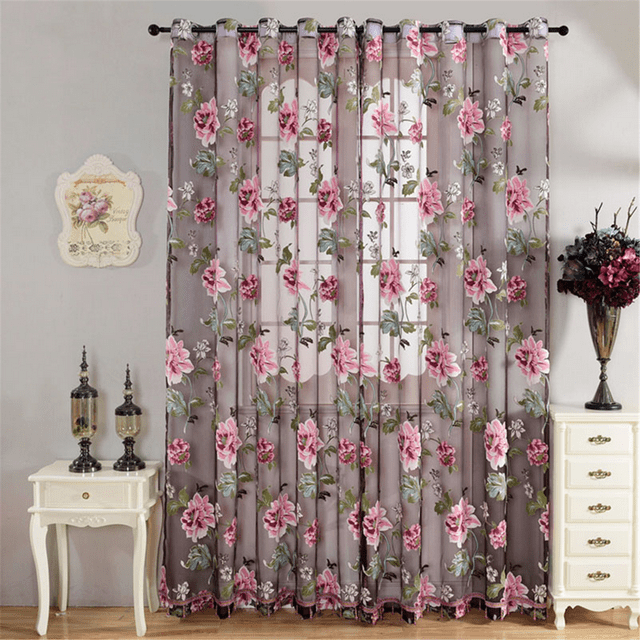 Ejiaya Floral Sheer Curtains 79 Inch Length Flower Printed Semi Sheer Curtain for Nursery Bedroom Living Room Linen Look Blossom Patterned Rod Pocket Voile Drapes 2 Panels