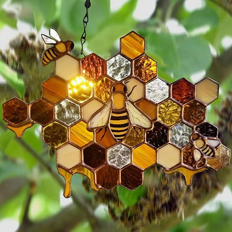 Yellow Honeycomb Bee Panel Suncatcher Dream Sun Catcher Ornament Stain 2024 Glass Fall Grandma Home House Decor Window Wall Decoration Nature Art