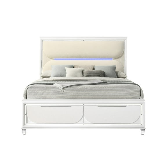Queen Bed With Led & Storage - Sleek White Boucle Lighting And Spacious Alternatives