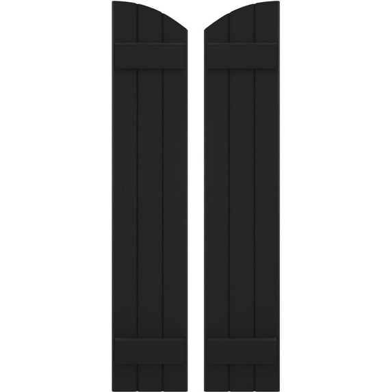 Ekena Millwork 10 1/2"W x 32"H Americraft Three Board (2 Batten) Exterior Real Wood Joined Board-n-Batten Shutters w/ Elliptical Top (Per Pair), Black