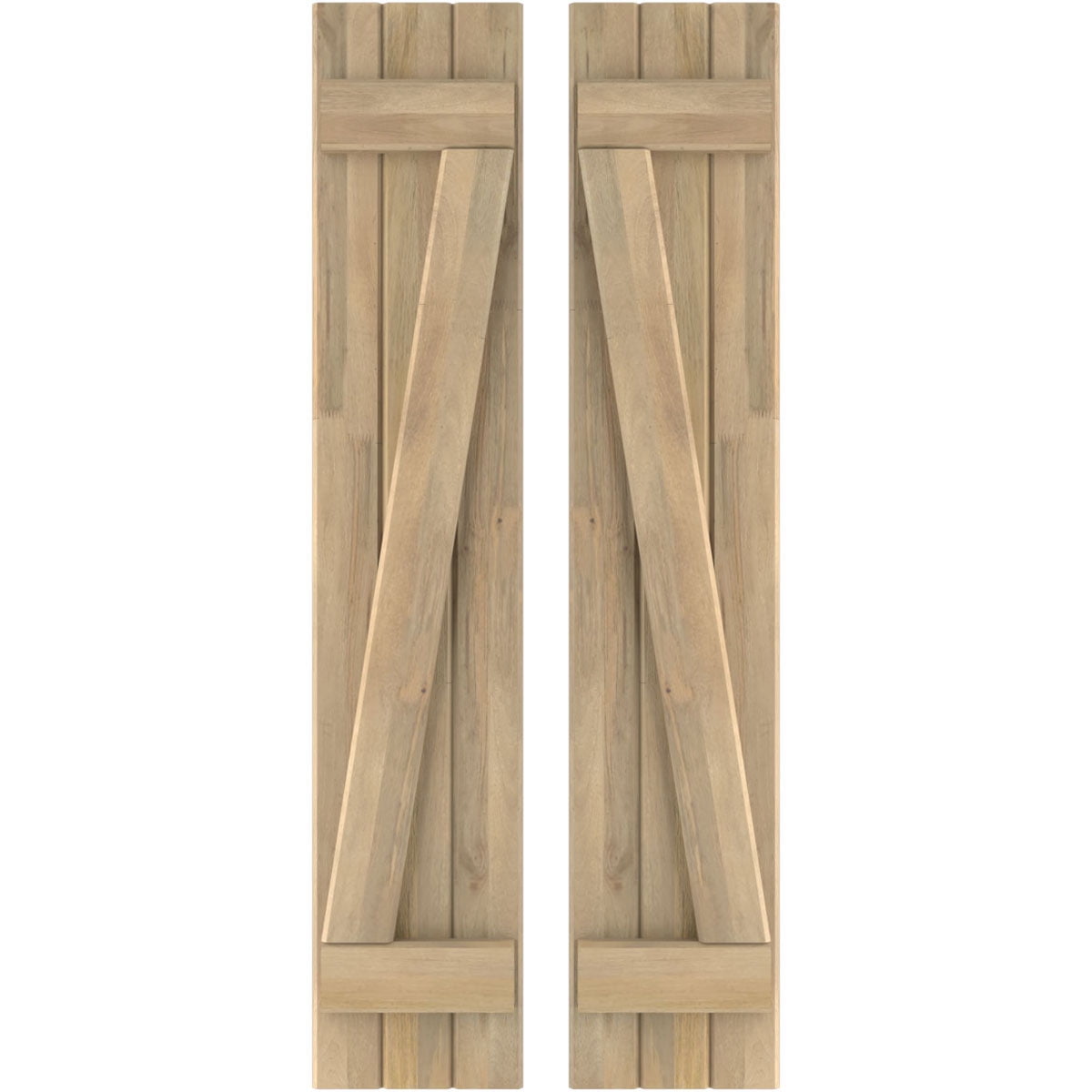 Ekena Millwork 10 1/2"W x 33"H Americraft Three Board (2 Batten) Exterior Real Wood Joined Board-n-Batten Shutters w/ Z-Bar (Per Pair), Unfinished