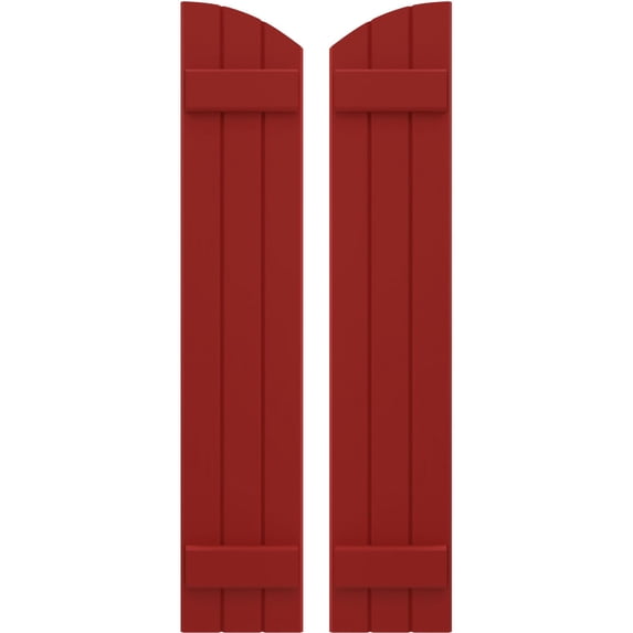 Ekena Millwork 10 1/2"W x 34"H Americraft Three Board (2 Batten) Exterior Real Wood Joined Board-n-Batten Shutters w/ Elliptical Top (Per Pair), Fire Red