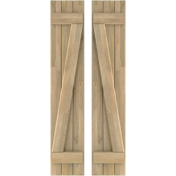 Ekena Millwork 10 1/2"W x 38"H Americraft Three Board (2 Batten) Exterior Real Wood Joined Board-n-Batten Shutters w/ Z-Bar (Per Pair), Unfinished